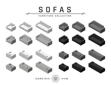 Isometric sofa, set of icons in flat style