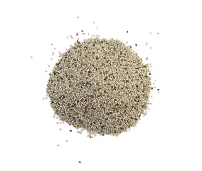 Chia seeds isolated on white background. heap of natural black chia seeds vegan gluten-free organic, healthy diet vegetarian superfood with antioxidant, omega-3, protein, mineral nutrients.