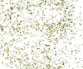 Dry marjoram spice (Origanum majorana). Heap of ground marjoram leaves isolated on white.