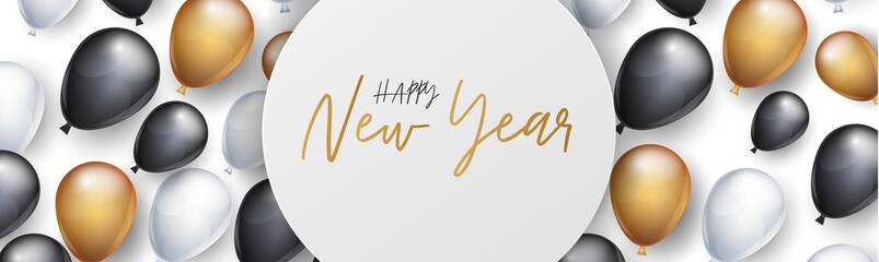 Happy New Year banner, website header or newsletter ad decoration. Winter holiday celebration designs concept with balloons and golden lettering. Vector illustration.