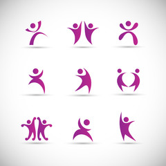 Abstract People Logo Set. Human Figure Isolated On Gray Background. Icons Collection For Human Success, Celebration Logo, Achievement Symbol And Activity. Different Happy People. Figure Logo, Vector