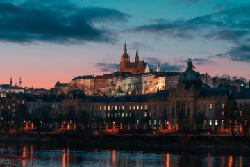 Fototapeta na wymiar Prague Castle at Dusk With Beautiful Background With Pink And Blue Colours,