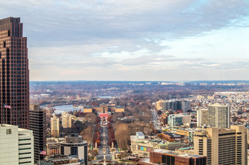 Fototapeta na wymiar Philadelphia, Pennsylvania. City rooftop view with urban skyscrapers on a cloudy day
