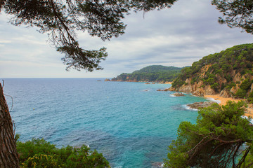 Fototapeta na wymiar Seascape: blue sea with rocky shores and green trees. Lloret de Mar on a beautiful summer day, Costa Brava, Catalonia, Spain