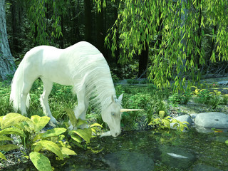 White unicorn approaching the lake in forest to drink water. 3D rendering. © Nada Sertic