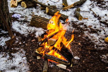 A Bonfire in the forest in winter.  Outdoor bonfire in winter on the snow forest.