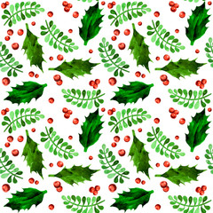 Mistletoe, green branches and red berries winter holiday pattern