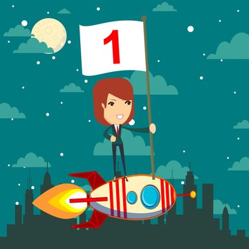 Happy businessman holding number one flag standing on rocket ship flying through starry sky. Start up business concept.