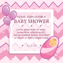 Baby shower girl, invitation card. Place for text. Greeting cards. Flat style. Vector illustration