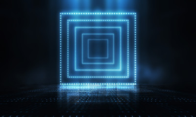Futuristic abstract blue neon background, luminous geometric figure in the center. Abstract light, rays and lines. Empty night scene.