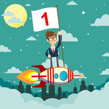 Happy businessman holding number one flag standing on rocket ship flying through starry sky. Start up business concept.
