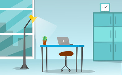 Empty office space interior with furniture and laptop. Flat style. Vector illustration