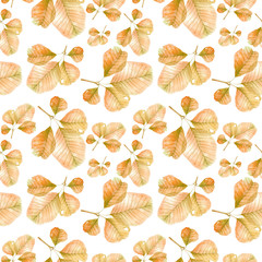 Watercolor seamless pattern with beautiful, yellow leaves of hazel isolated on a white background.