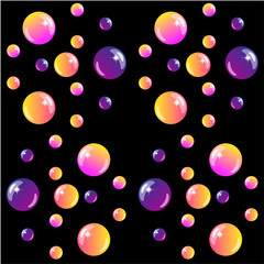 Black seamless pattern with shiny balls of pink, orange and purple color - seamless wallpaper or textile. Vector seamless full color background with circles with a bright gradient and sparkles.