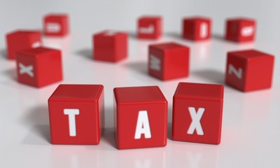 Tax text on red blocks.  3d illustration