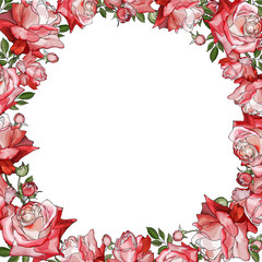 Floral frame of red pink flowers roses and green leaves on white background. Copy space. Hand drawn. For your design, greeting cards, wedding invitation. Vector stock illustration.