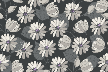 rt floral vector seamless pattern with garden flowers. Vector illustration in grey tones. Endless pattern for wallpaper, fabric, textiles, accessories.