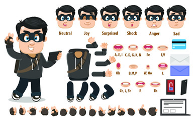 Cartoon hacker, attacker constructor for animation. Parts of body: legs, arms, face emotions, hands gestures, lips sync. Full length, front, three quater view. Set of ready to use poses, objects.