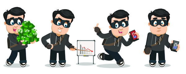 Vector set with brunet hacker in black eye mask in different situations. Computer burglar keeping lots of money, pointing to graph with reduction, running away with device, is upset. Cartoon on white.