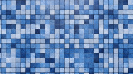 Background texture of toilet wall covered with blue and white square shaped tiles.