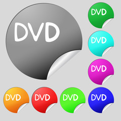 dvd icon sign. Set of eight multi colored round buttons, stickers. 