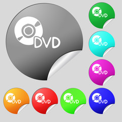 dvd icon sign. Set of eight multi colored round buttons, stickers. 