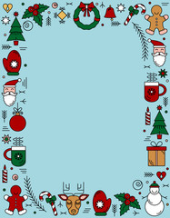 Chrismas frame of New Year's linear symbols, snowflakes and stars. New year holiday element.