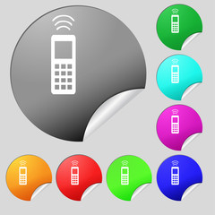 the remote control icon sign. Set of eight multi colored round buttons, stickers. 