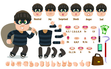Cartoon robber, burglar constructor for animation. Parts of body: legs, arms, face emotions, hands gestures, lips sync. Full length, front, three quater view. Set of ready to use poses, objects.