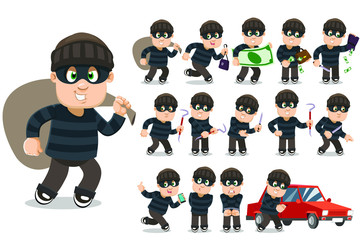 Big vector cartoon set with robber, burglar who stealing money, wallet, handbag, smartphone, cracking car lock, running away, committing crimes with knife and picklock, standing in handcuffs.