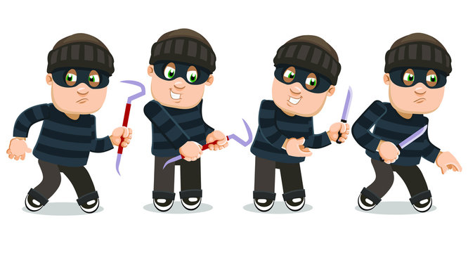 Different moments of working day of smiling robber in black eye mask and striped sweater. Burglar is going to commit a crime, going, keeping picklock or knife. Vector cartoon set isolated on white.