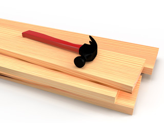 Wooden boards and hammer, 3D rendering
