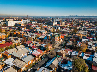 Obraz premium Vladikavkaz, capital of North Ossetia. Panorama of historical downtown from drone flight