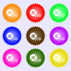dvd icon sign. A set of nine different colored labels. 