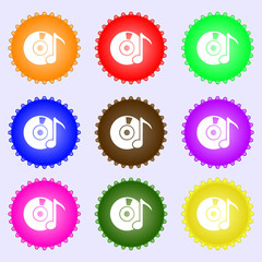 CD or DVD icon sign. A set of nine different colored labels. 