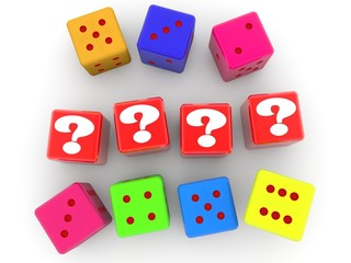Question marks on red toy blocks between dice
