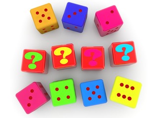 Colored question marks on red toy blocks between dice