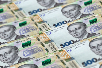 Money of Ukraine. Several Ukrainian hryvnia banknotes. UAH. Hryvnia 500