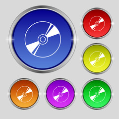 Cd, DVD, compact disk, blue ray icon sign. Round symbol on bright colourful buttons. 