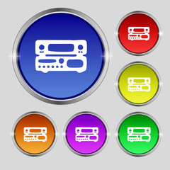 radio, receiver, amplifier icon sign. Round symbol on bright colourful buttons. 