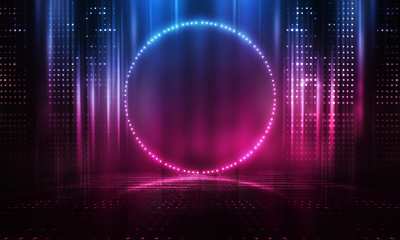 Futuristic abstract blue and pink neon background, luminous geometric figure in the center. Abstract light, rays and lines. Empty night scene.