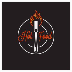 Hot Food logo. Round linear of hot fork an plate