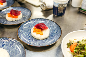 Plating ahi tuna and carrot dish