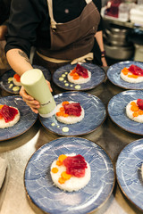 Plating ahi tuna and carrot dish