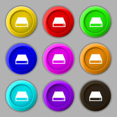 CD-ROM icon sign. symbol on nine round colourful buttons. 