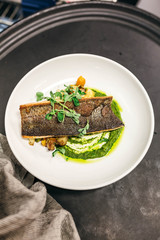 Trout Over Autumn Squash and Brussels sprouts