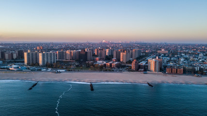 Aerial view on Brighton Beach and Brooklyn with New York