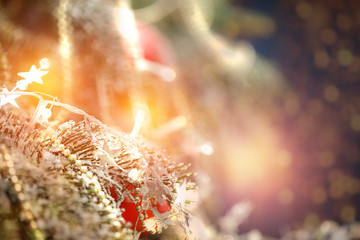Christmas balls and xmas tree background.Free space for your decoration. 