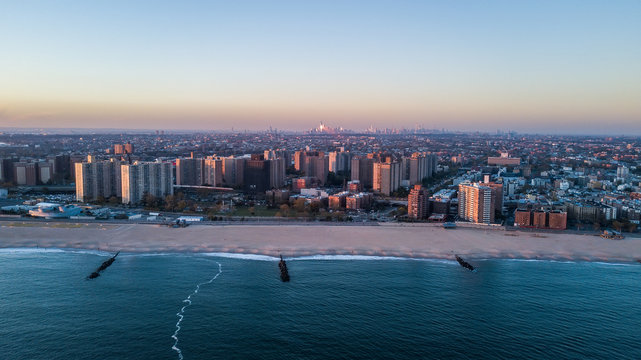 Aerial View On Brighton Beach And Brooklyn With New York