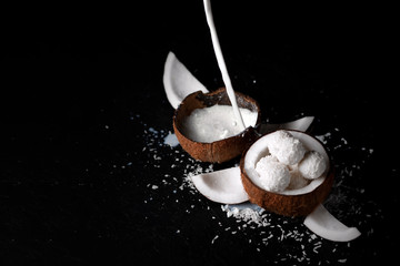 coconut milk is poured into a bowl, sweets with coconut slices, cooking products, ingredients for coconut candy